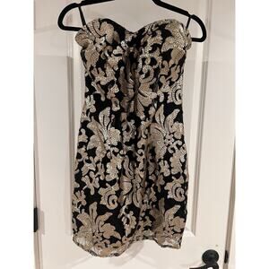 Gianni Bini Mini Dress Women Size L Black Lace Golden Sequin Strapless Party